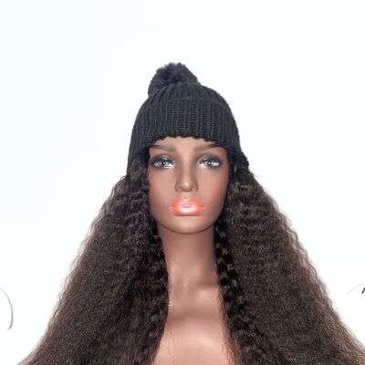 Kinky Straight Wig Hat: Hair attached to Bobble Pom Pom beanie hat - Black - 20"