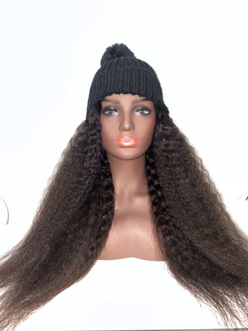 Kinky Straight Wig Hat: Hair attached to Bobble Pom Pom beanie hat - Cream - 14"