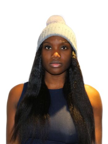 Kinky Straight Wig Hat : Cheveux attachés au bonnet Bobble Pom Pom - Crème - 14" 7