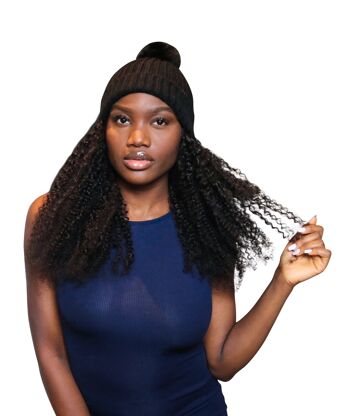 Kinky Coarse Wig Hat : Cheveux attachés au bonnet Bobble Pom Pom - Noir - 18" 5