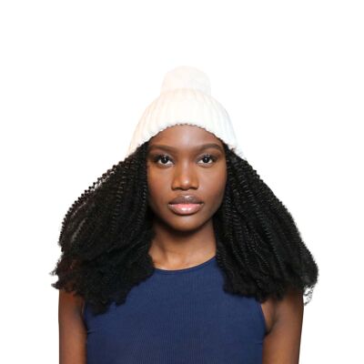 Kinky Coarse Wig Hat : Cheveux attachés au bonnet Bobble Pom Pom - Crème - 16"