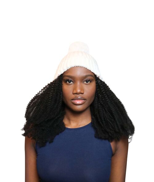 Kinky Coarse Wig Hat: Hair attached to Bobble Pom Pom beanie hat - Cream - 18"