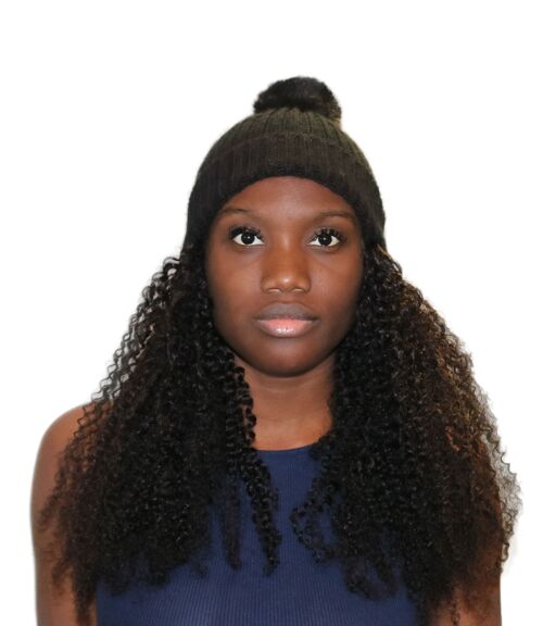 Kinky Curls Wig Hat: Hair attached to Bobble Pom Pom beanie hat - Black - 16"
