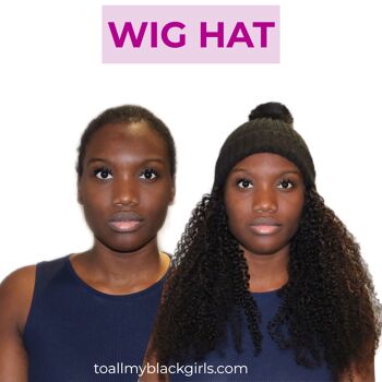 Kinky Curls Wig Hat : Cheveux attachés au bonnet Bobble Pom Pom - Noir - 16" 2