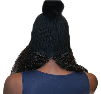 Kinky Curls Wig Hat : Cheveux attachés au bonnet Bobble Pom Pom - Noir - 16" 5