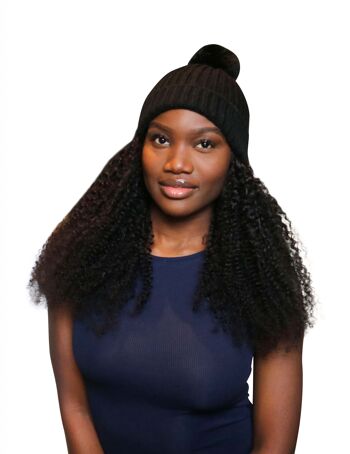 Kinky Curls Wig Hat : Cheveux attachés au bonnet Bobble Pom Pom - Noir - 16" 6