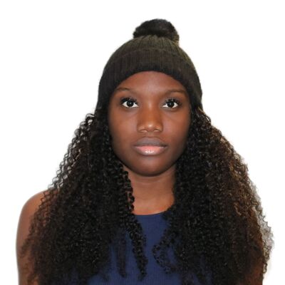 Kinky Curls Wig Hat: Hair attached to Bobble Pom Pom beanie hat - Black - 18"