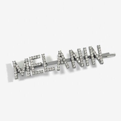 Wort/Slogan Haarspange Diamante Strass Paved Accessoires Bobby Pin - MELANIN - Grau Silber