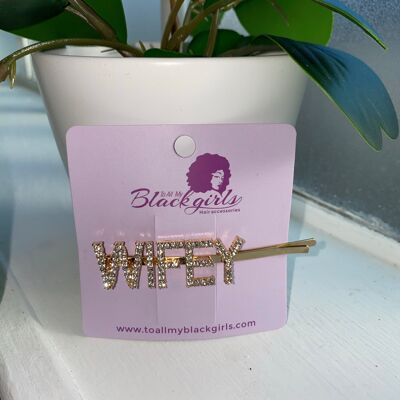 Word/Slogan Hair Clip Diamante Rhinestone Paved Accessories Bobby Pin - WIFEY - Gold Silver