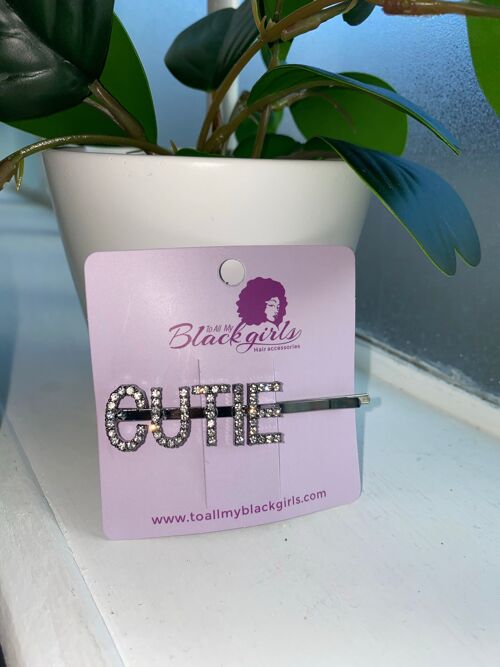 Word/Slogan Hair Clip Diamante Rhinestone Paved Accessories Bobby Pin - CUTIE - Grey Silver