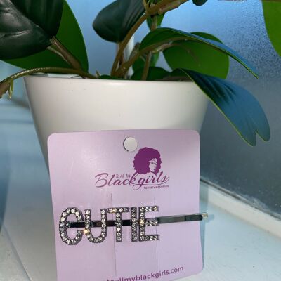 Word/Slogan Hair Clip Diamante Rhinestone Paved Accessories Bobby Pin - CUTIE - Grey Silver