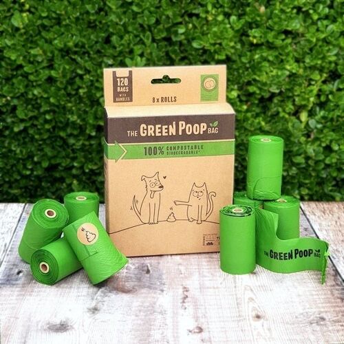 NEW Green Poop Bags - Single Universal Roll Box (8 rolls per box - 120 bags)