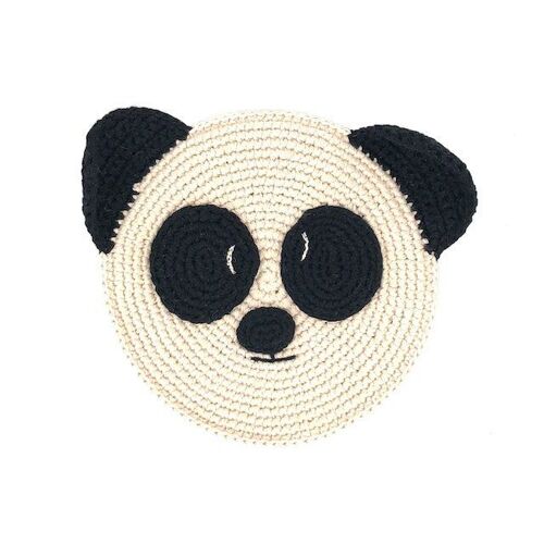 sustainable panda flat with crackling sound - rattle - organic cotton - off-white - crisp cloth - hand crocheted in Nepal - crochet panda bear cuddle with sound