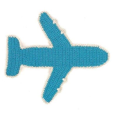 avion plat durable avec crépitement - hochet - coton biologique - bleu - tissu impeccable - crocheté à la main au Népal - câlin d'avion au crochet avec son