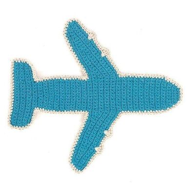 sustainable plane flat with crackling sound - rattle - organic cotton - blue - crisp cloth - hand crocheted in Nepal - crochet airplane cuddle with sound