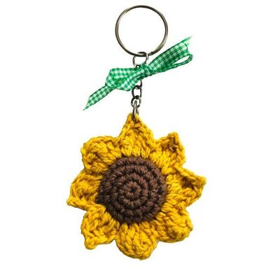 nachhaltiger Sonnenblumen-Schlüsselanhänger – aus Bio-Baumwolle – gelb – handgehäkelt in Nepal – Sonnenblumen-Schlüsselanhänger