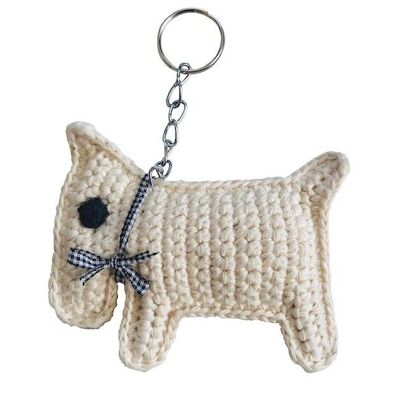 sustainable keychain dog Bobby - made of organic cotton - off-white - hand crocheted in Nepal - crochet dog keychain