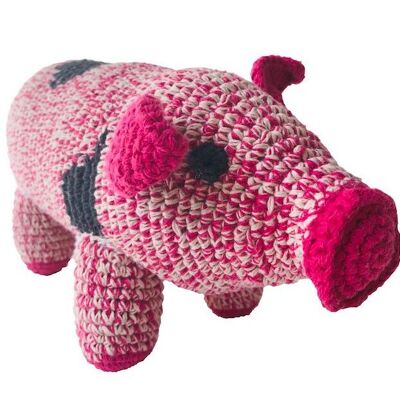 sostenibile Miss Piggy in cotone biologico - maiale giocattolo coccolone - rosa fucsia - lavorato a mano all'uncinetto in Nepal - maiale giocattolo all'uncinetto