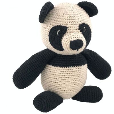 sustainable panda bear made of organic cotton - cuddly toy - black and off-white - hand crocheted in Nepal - crochet toy panda bear