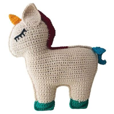 unicornio sostenible hecho de algodón orgánico - peluche / almohada - blanquecino con colores del arco iris - hecho a mano en Nepal - unicornio de juguete de ganchillo