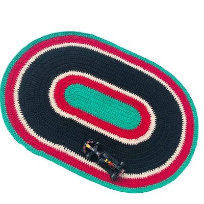 sustainable race track placemat - made of organic cotton - black - formula 1 - hand crocheted Nepal - crochet kids carpet