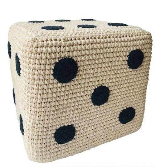 sustainable dice children's pouf made of cotton - off-white with black - hand crocheted in Nepal - crochet dice poufe