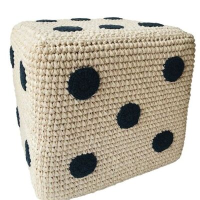 sustainable dice children's pouf made of cotton - off-white with black - hand crocheted in Nepal - crochet dice poufe