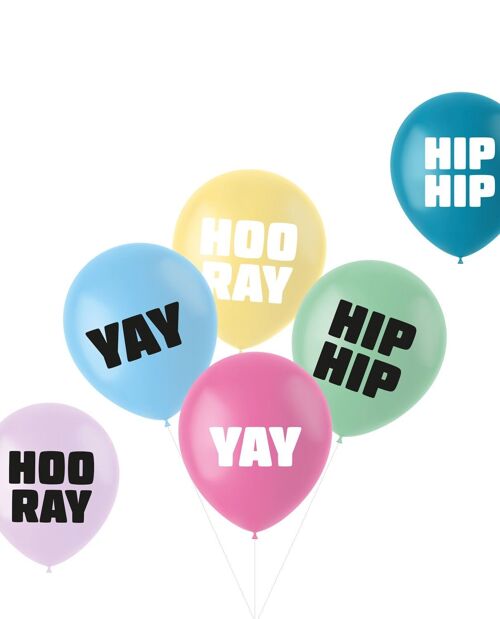 Ballonnen Pastel 'Hip Hip Hooray' Meerkleurig 33cm - 6 stuks