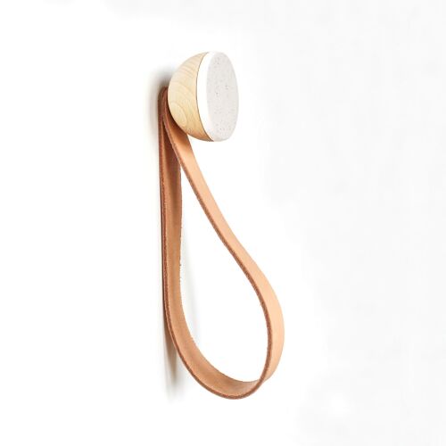 ø5cm - Round Beech Wood & Ceramic Wall Mounted Coat Hook / Hanger with Leather Strap - White Sand