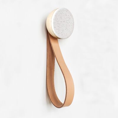 ø6cm - Round Beech Wood & Ceramic Wall Mounted Coat Hook / Hanger with Leather Strap - White Sand