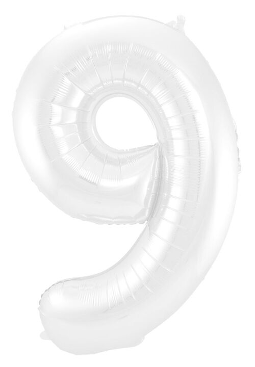 Folieballon Cijfer 9 Wit Metallic Mat - 86 cm