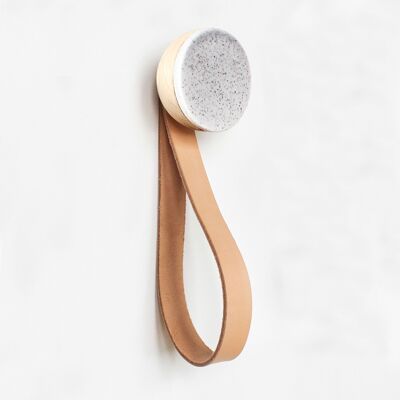 ø6cm - Round Beech Wood & Ceramic Wall Mounted Coat Hook / Hanger with Leather Strap - Grey Sand