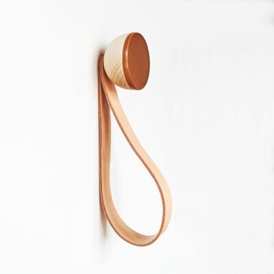 ø5cm - Round Beech Wood & Ceramic Wall Mounted Coat Hook / Hanger with Leather Strap - Dark Terracotta Orange