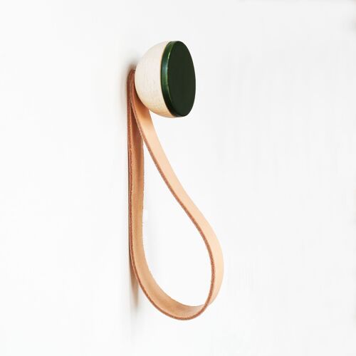ø5cm - Round Beech Wood & Ceramic Wall Mounted Coat Hook / Hanger with Leather Strap - Dark Olive Green