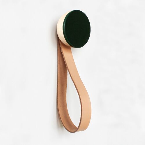 ø6cm - Round Beech Wood & Ceramic Wall Mounted Coat Hook / Hanger with Leather Strap - Dark Olive Green