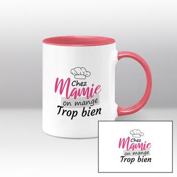 Mug blanc et rose, Chez mamie on mange trop bien