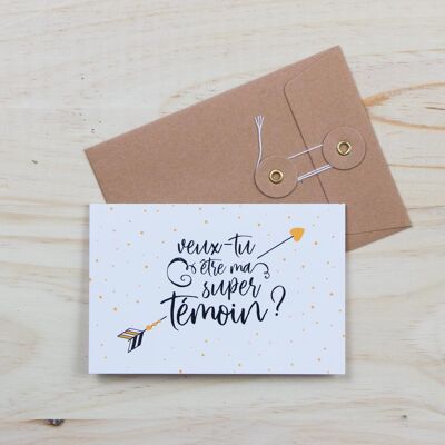 "¿Quieres ser mi super testigo?" Postal boda + sobre