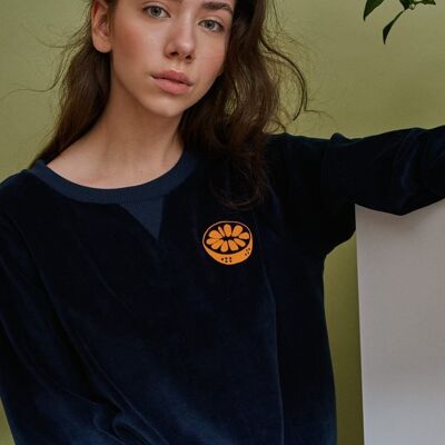 Tommy sweater in navy velvet with the mandarin patch for women