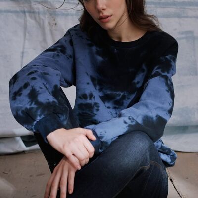 Jersey tilda en punto de algodón orgánico teñido anudado azul marino y azul para mujer