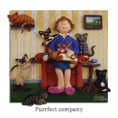 Tarjeta de arte con temática de gato en blanco de la empresa Purrfect