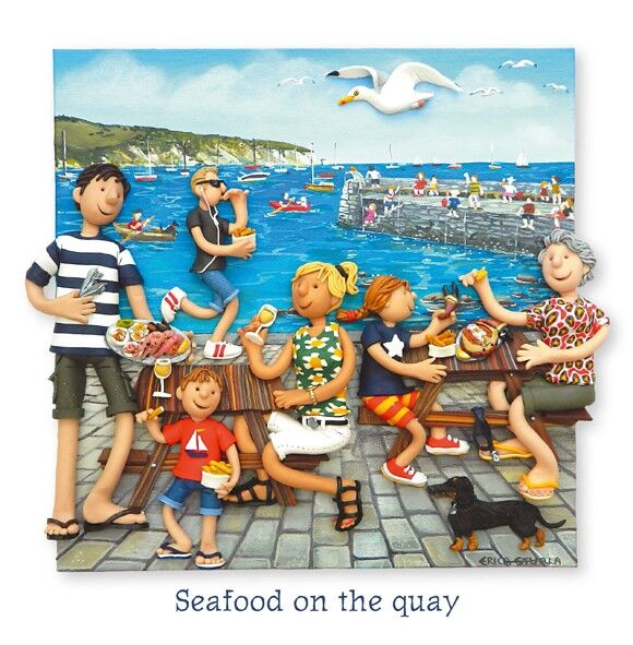 Seafood on the quay blank coastal art card