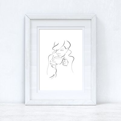 Line Work Woman Cuppa Simple Home Bedroom Dressing Room Prin A4 Normal