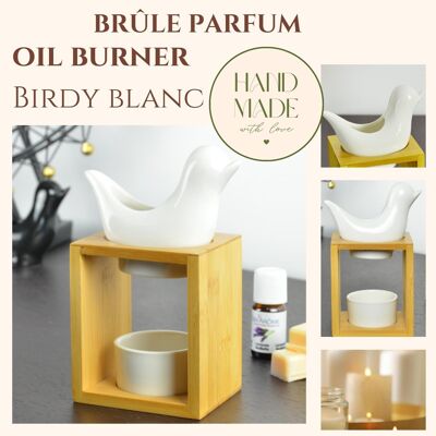 Quemador de Perfume Serie Naturea – Birdy White – Portavelas de Bambú y Cerámica – Difusión de Ceras Aromáticas, Aceites Esenciales