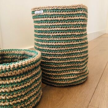 panier bas durable / rangement en coton et jute - rayures vert pin - fait main au Népal - panier au crochet 2