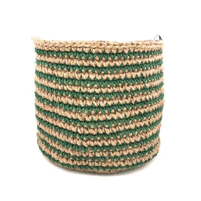 sustainable low basket / storage made of cotton & jute - stripe pine green - handmade in Nepal - crochet basket