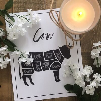 Cow Beef Cuts Simple Cool Kitchen Print A4 Normal