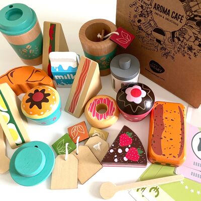 Wooden toy cafe play food shop accessories set