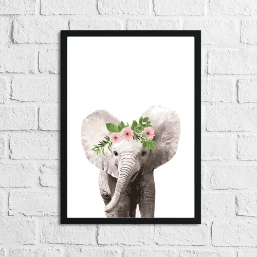 Elephant Wild Animal Floral Nursery Childrens Room Print A4 Normal