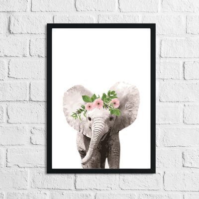 Elephant Wild Animal Floral Nursery Childrens Room Print A4 Normal
