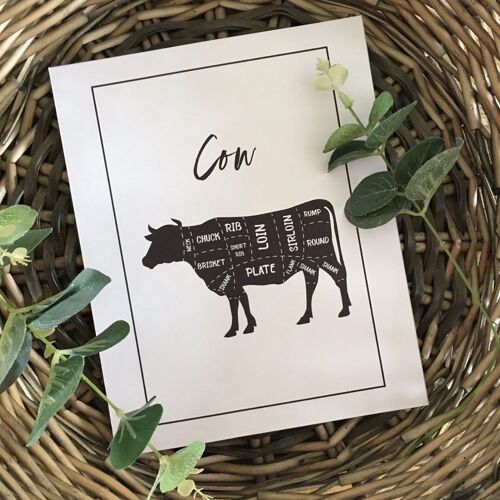 NEW Cow Beef Cuts Simple Cool Kitchen Farmhouse Print A4 Normal